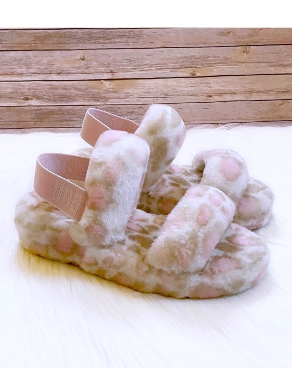 UGG Oh Yeah Panther Print Slide Sandal Furry Slippers In White Pink Beige Size 7